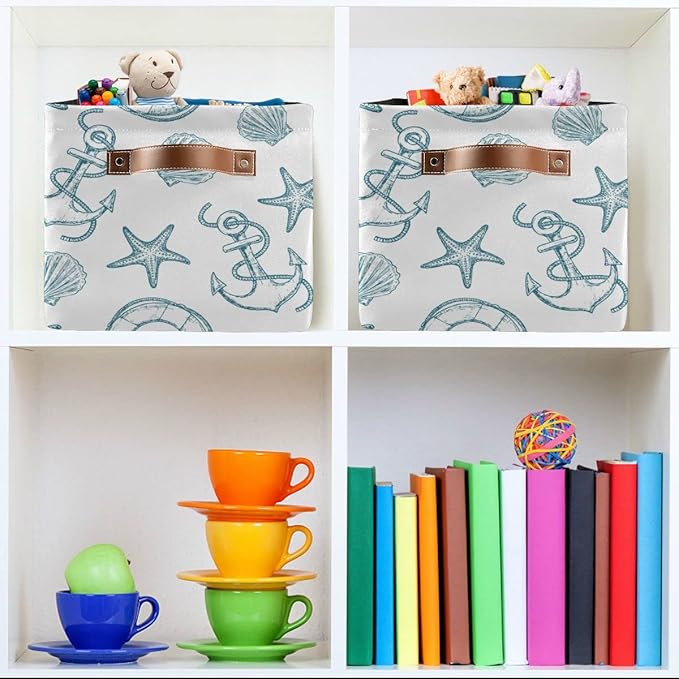 Coastal Anchor Nautical Theme Storage Basket Fabric Laundry Baskets Starfish Summer Beach Storage Boxes Organizer Bag for Baby Cloth Dog Toy Book Storage Cubes Shelf Closet Bins 16x12x8 Inches