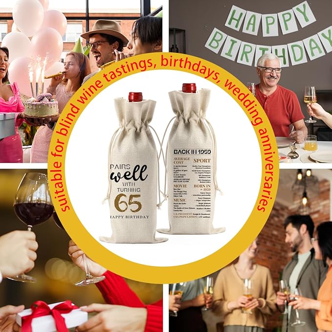 65th Birthday Gifts for Women Men, Gifts for 65 Year Old Man Grandparents Wine Gift Bag, Wine Accessories Gifts Anniversary 65th Birthday Decorations Wine Bag Wine Bags for Wine Bottles Gifts