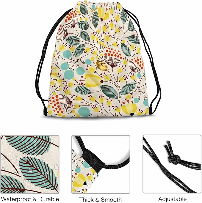 Floral Pattern Beautiful Yellow Flower Green Leaf Red Stamen Drawstring Backpack Gym Backpack Draw String Shoe Swim Back Bag for Women Men 14x16.9 Inch