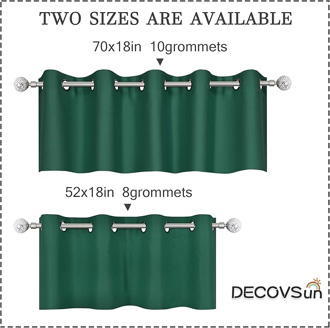Green Valance for Kitchen Blackout Thermal Insulated 70X18 Inches Short Curtains Drapes Grommet Valance for Bedroom/Living Room 1 Panel