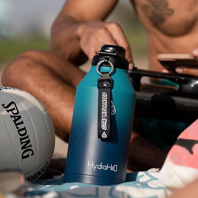 64 oz Insulated Water Bottle With Straw Pop-up & Auto Spout Lid, Flex Handel, Waterbottle Strap Carrier, Half Gallon Stainless Steel Water Water Hydro Jug Thermo Flask (Brilliant White)