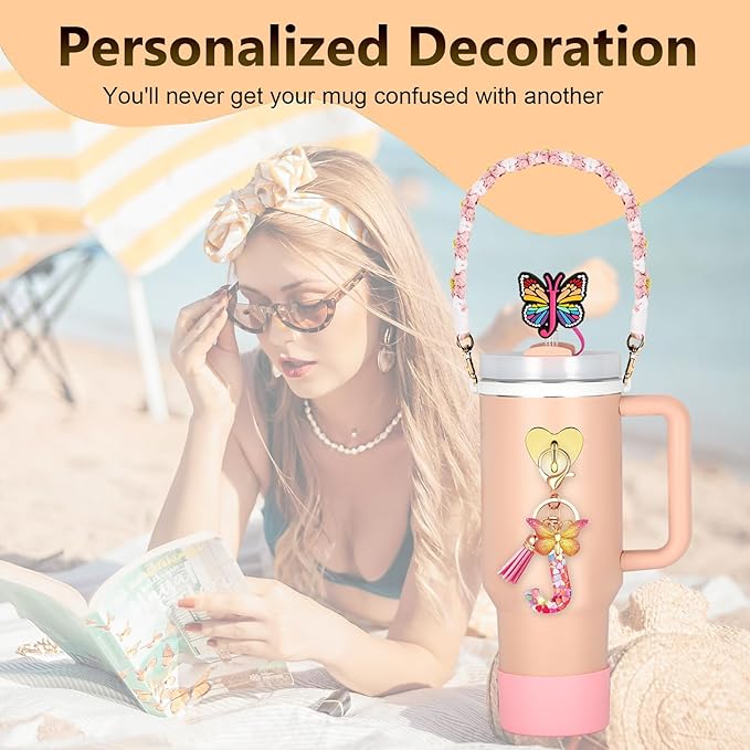 Stanley Cup Accessories Include Silicone Stanley Straw Cover, Butterfly Letter KeyChain Charms, Water Bottle Handle Strap, Boot and Chain for Stanley Cup 30oz 40oz Tumbler
