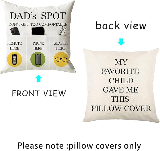 Father's Day Throw Pillow Case, Dad's Spot Throw Pillow Covers 18 x 18 Inch,Dad Gifts from Daughter Son,Birthday Christmas Thanksgiving Day Gifts for Papa Stepdad ,3-Pocket