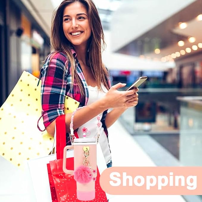 7PCS Water Bottle Cup Accessories Set for Stanley Cup 40oz & 30oz Tumbler, Including Water Bottle Handle Strap, Silicone Cup Boot, Silicone Straw Cover, Keychain Charms (Red)