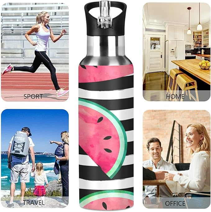 xigua Watercolor Watermelon Slices Stainless Steel Water Bottle with Straw, BPA Free Reusable Leakproof Water Jug for Fitness Camping Outdoor Sports