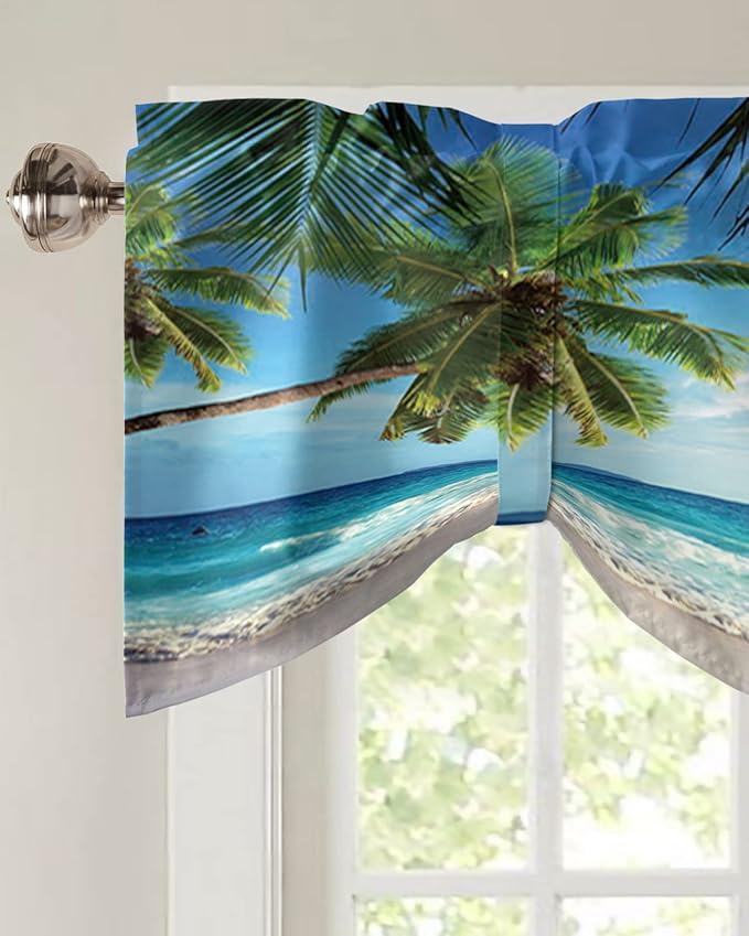 Palms Tree Ocean Blackout Tie Up Valance Curtains for Kitchen Windows Tropical Sea Window Toppers Balloon Shades for Living Room/Bathroom/Bedroom,1 Panel,60" X 18" Beach Theme
