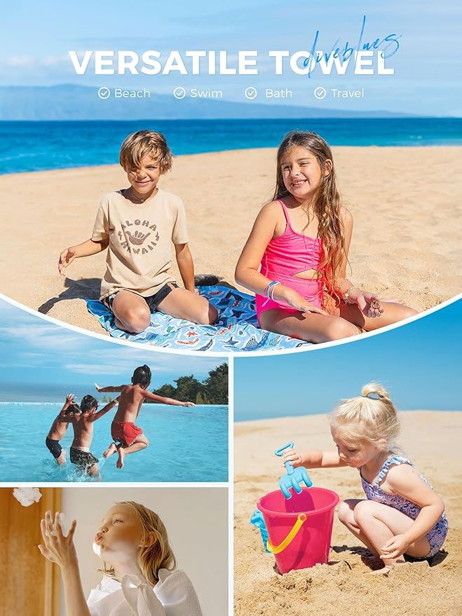 Kids Beach Towel 60''x30'', Quick Dry, Sand Free, Compact, Lightweight, Absorbent, Girls & Boys Large Microfiber Towels for Pool, Swim, Cruise Essentials, Lion