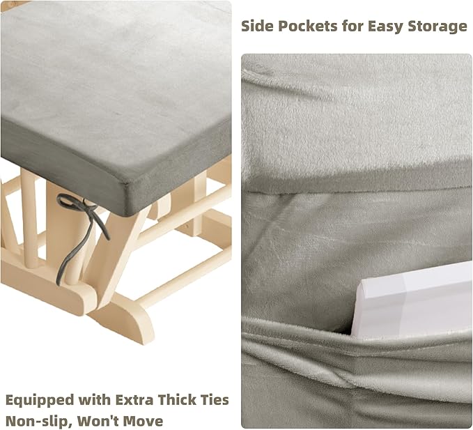 5 PCS Velvet Glider Rocker Replacement Cushions with Side Storage Pocket, Thickened & Supportive Cushions Set for Indoor Nursery Rocking Chair, Khaki