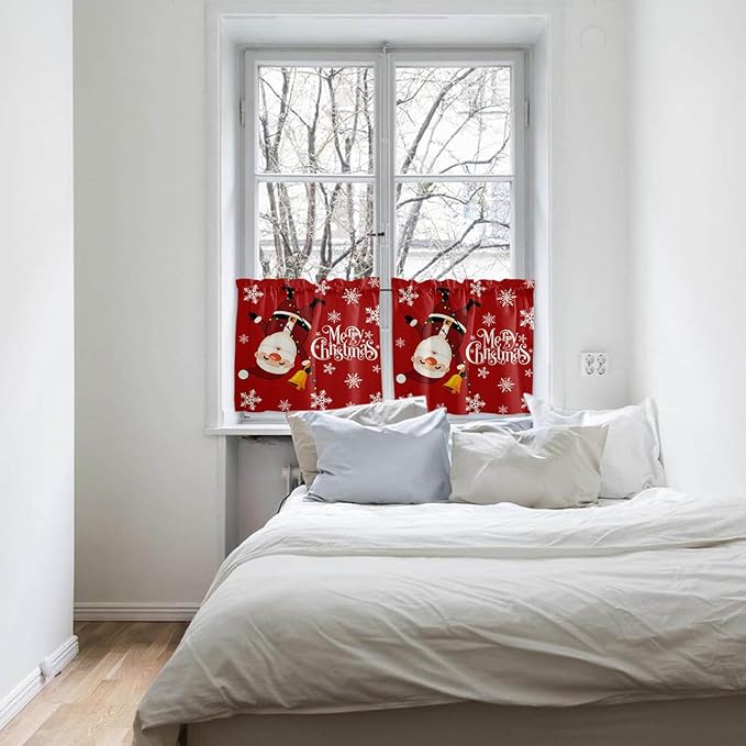 Red Merry Christmas Kitchen Curtains and Valances Set, Funny Hanging Santa Windows Treatments Tiers Half/Short Curtains for Small Windows Cafe /Living Room/ Bedroom 54x36 in Snow Winter Holiday