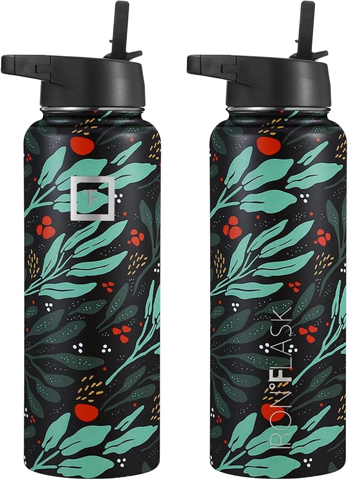 IRON °FLASK Sports Water Bottle - Wide Mouth with 3 Lids (Straw Lid) - Stainless Steel Gym & Outdoor Bottles for Men, Women & Kids - Double Walled, Insulated Thermos, Metal Canteen - Lush Leaf, 40 Oz