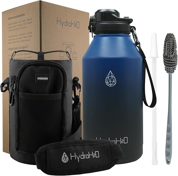 64 oz Insulated Water Bottle With Straw Pop-up & Auto Spout Lid, Flex Handel, Waterbottle Strap Carrier, Half Gallon Stainless Steel Water jug (Indigo Gradient)