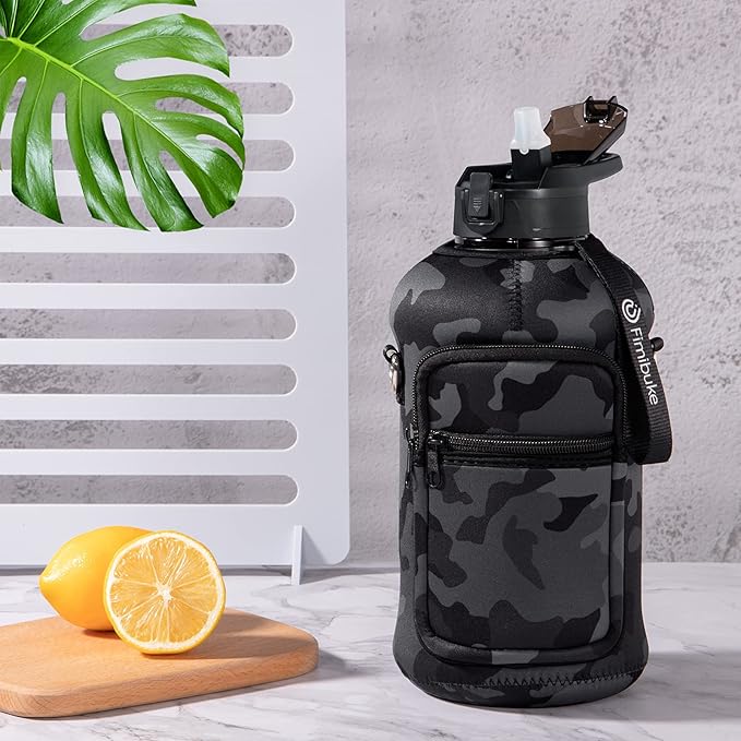 Fimibuke Half Gallon Water Bottle with Sleeve 64 OZ Water Bottle with Handle & Straw Leakproof Motivational Sports Gym Water Bottle with Time Marker BPA Free Water Jug with Reusable Neoprene Holder