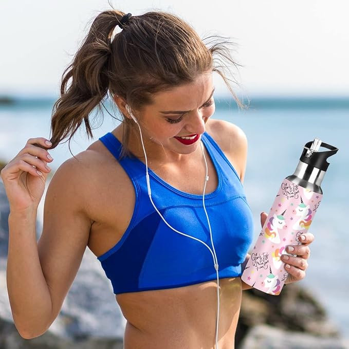 MNSRUU Insulated Water Bottle with Straw, Rainbow and Unicorns Stainless Steel Flasks for Sports Cycling Hiking School