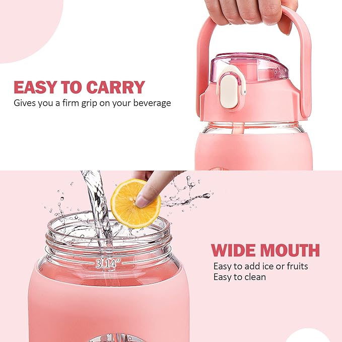 kytffu 56oz Glass Water Bottles with Straw, Motivational Glass Bottle with Silicone Sleeve and Time Marker, Leakproof Large Glass Water Jug for Gym Home Office,Pink