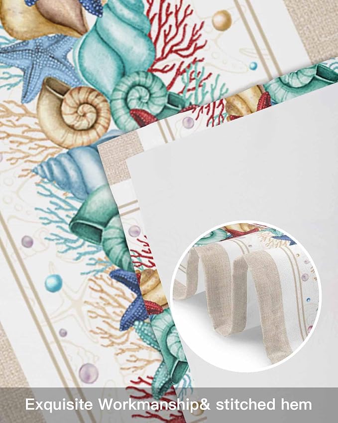 Coastal Beach Kitchen Curtains Valances for Windows Nautical Ocean Seashell Coral Starfish Rod Pocket Window Treatment for Kitchen /Living Room/Bedroom/ Bathroom, 54" X 18", Brown Aqua Summer