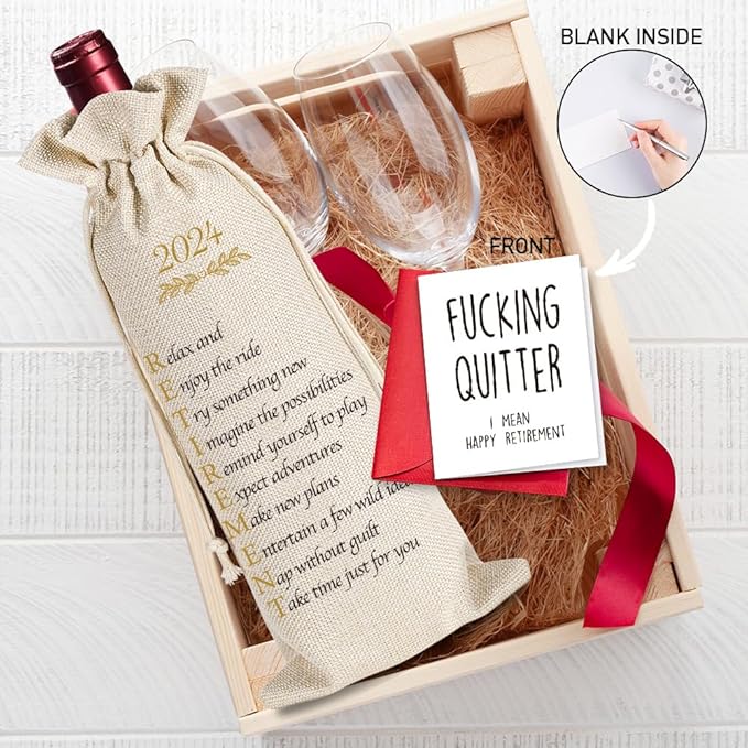 2024 Retirement Gifts for Woman Men, Funny 2024 Retirement Wine Bag Gifts for Colleagues BBF Coworkers Boss Doctors Nurse Teachers Friends Retirees Employees, 1 Wine Bag with 1 Funny Retirement Card
