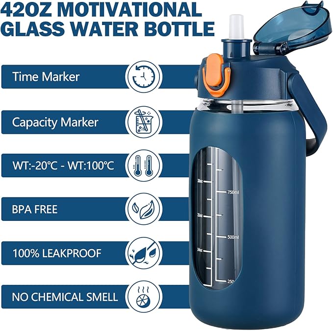kytffu 42oz Glass Water Bottles with Straw, Motivational Glass Bottle with Silicone Sleeve and Time Marker, Leakproof Large Glass Water Jug for Gym Home Office,Blue