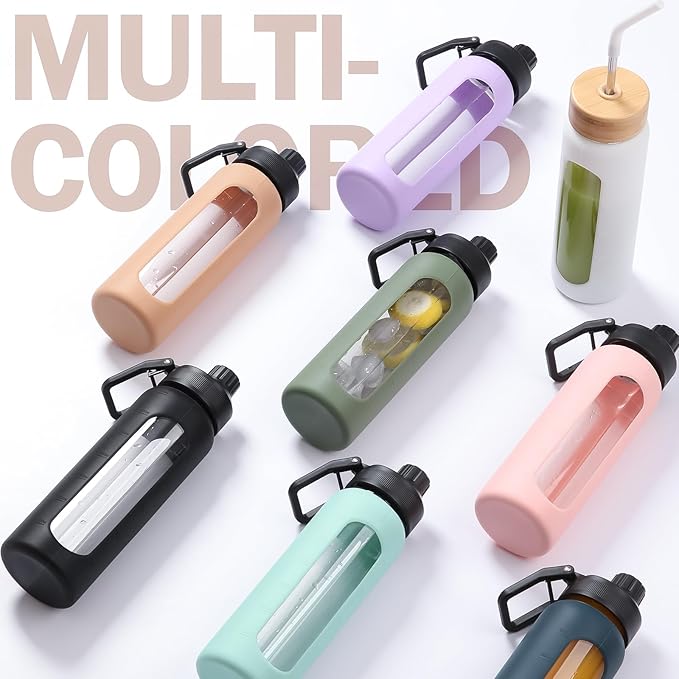 Glass Water Bottles with Straw -32oz- Water Bottle Phone Holder for Gym Large Motivational Water Bottle with Time Marker Glass Drinking Bottles 2 Lids - Spout & Bamboo Straw Lid(White)
