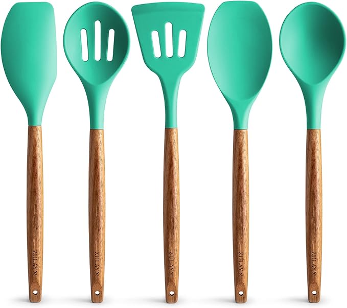 Zulay Kitchen Utensils Set - Non-Stick Silicone Cooking Utensils Set with Authentic Acacia Wood Handles - 5 Piece Silicone Utensil Set - Silicone Kitchen Utensils Set (Mint)