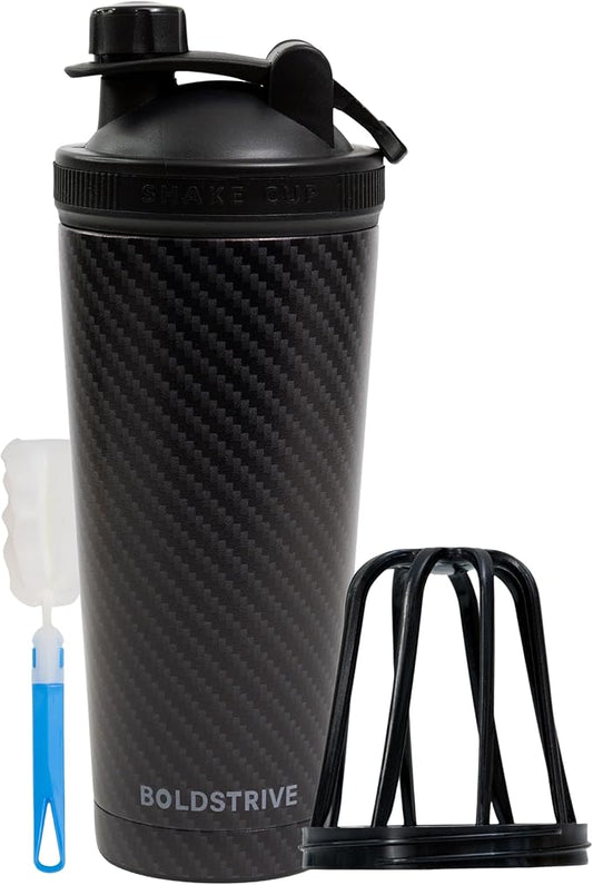 Black Carbon Fiber Stainless Steel Shaker Bottle For Protein - Gym Water Bottle & Mixer Bottle - 24 Oz, Internal Measure, Rubber Bottom, and Brush - Leak Proof & BPA Free Metal Blender Bottle