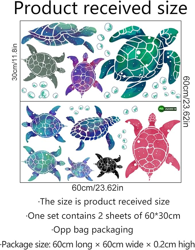 Waterproof Removable Watercolor Turtles Vinyl Wall Decal for Nursery Kidsroom School Classroom Livingroom Bedroom Bathroom Sea Life Sticker in Coastal Ocean Theme