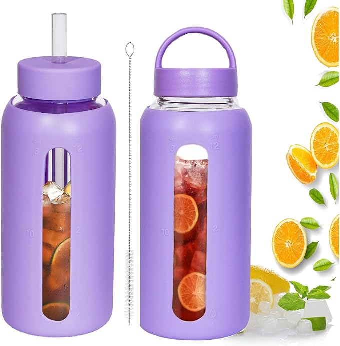 25oz Glass Water Bottles,glass tumbler with straw and 2 lid,Glass Cup with Lid and Straw(BPA Free),Water Bottle with Handle for Outdoor Sports and Home Use.