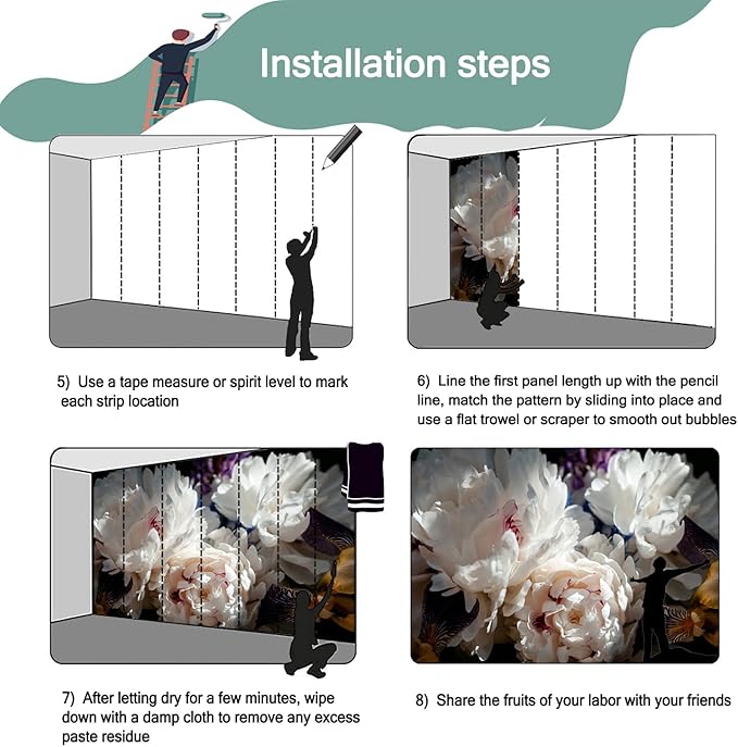 White Peony Flower and Black Background Wallpaper for Bedroom Wall Decor (Not Peel and Stick)