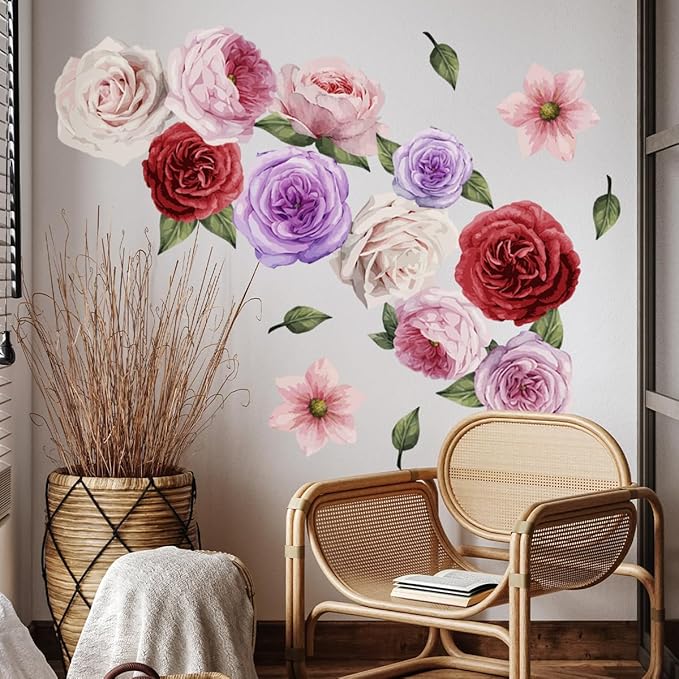 20 Pieces Flowers Wall Decals Vinyl Non-Glue Wall Stickers Removable Floral Wall Murals Self-Adhesive Colorful Flower Wall Decor for Girls Bedroom Living Room Nursery