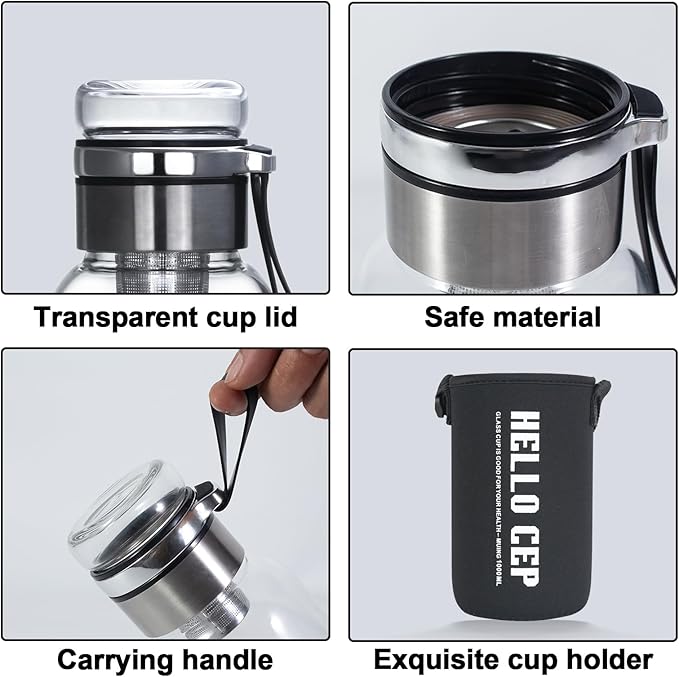 Glass Drinking Bottles,Borosilicate Sports water bottles, 34oz Capacity, With Stainless Steel Tea Strainer and Cup sleeve,Leak-Proof, BPA-Free, for Hot & Cold Beverages Tea, Juice(1PCS)