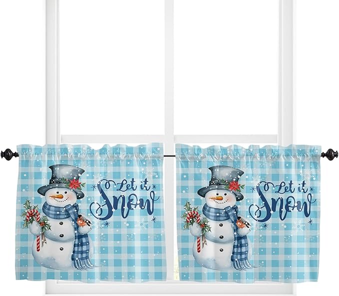 Snowman Christmas Kitchen Curtains and Valances Set, Let It Snow Winter Holiday Windows Treatments Tiers Short Curtains for Small Windows Cafe /Living Room/ Bedroom 54x24 in Blue White Buffalo Plaid