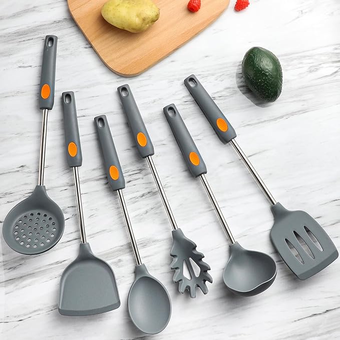 Silicone Kitchen Cooking Utensils Set 6pcs with Stainless steel Handle, Spatula Set Utensil Set, Cooking Utensil Set,Kitchen Tools for Nonstick Cookware