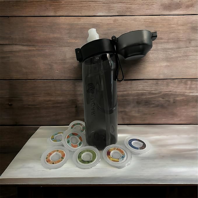 Air Water Bottle with Flavor Pods, 650ml, Workout Water Bottle, BPA Free Water Bottle, with 7 Water Bottle Flavor Pods, Sports Water Bottle Suitable for Outdoor sports, Gym, Gift (Black, 650 ml)