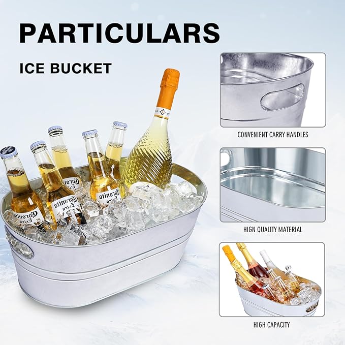 Galvanized Tub 4Pcs Ice Bucket 3 Gallon Beverage Tub Metal Beverage Buckets Ice Buckets for Parties Mimosa Bar Supplies for Beer Champagne Cocktails(Silvery)