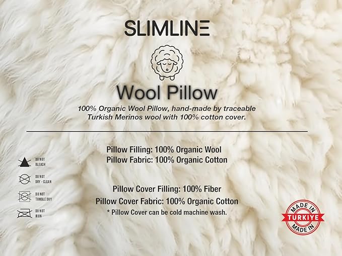 Slimline 100% Turkish Wool Pillow. Regulates temperature and provides anti-allergy comfort. Removable and washable cotton pillow cover. warm in winter and cool in summer. Medium firm- W 24 X L 17 in