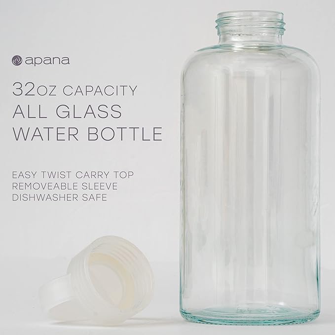 Apana Yoga Glass Water Bottles BPA Free Non Slip Sleeve Leak Proof Lid Reusable 19 Oz and 32 Oz Sports Water Bottle Wide Mouth Lid Portable Hydration Tumbler