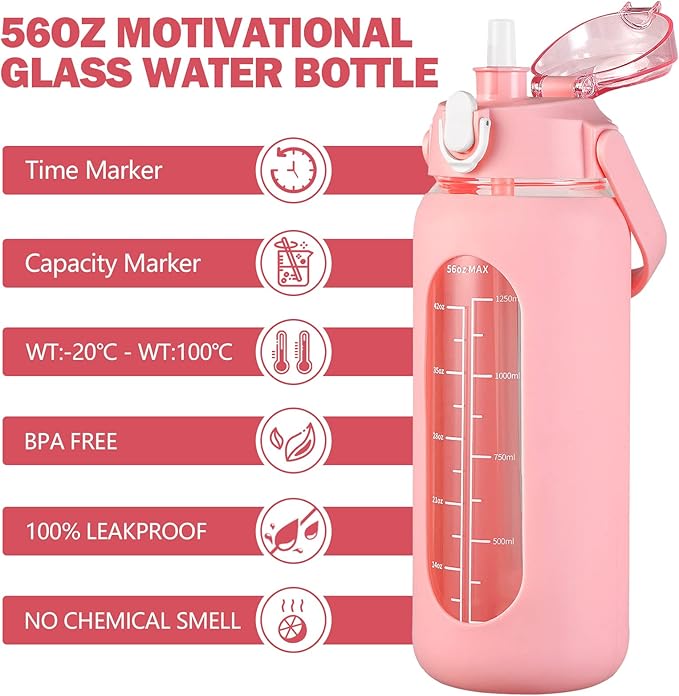 kytffu 56oz Glass Water Bottles with Straw, Motivational Glass Bottle with Silicone Sleeve and Time Marker, Leakproof Large Glass Water Jug for Gym Home Office,Pink