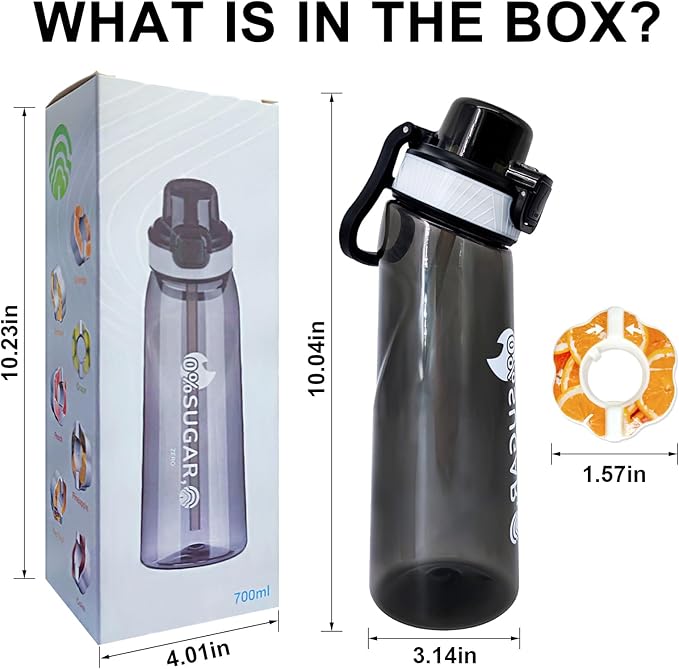 Newly Upgraded Air Water Bottle, 22oz Air Water Bottle with Flavor Pods, Leak Proof Scented Water Bottle with Large Portable Handle, 0 Suger No BPA for Gym, Outdoors, Schools (Black Tilted Head)