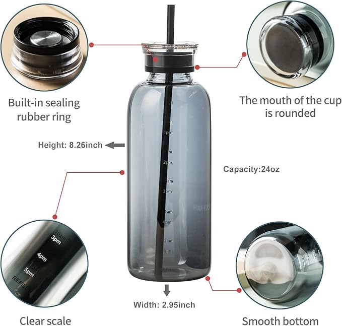 Glass water bottle With Time Marker -24oz with 2 caps and straw,Reusable Glass Drinking Bottles,Suitable For Drinks, Juices, Sodas, Coke, As Gifts Etc (Smoky 24oz)