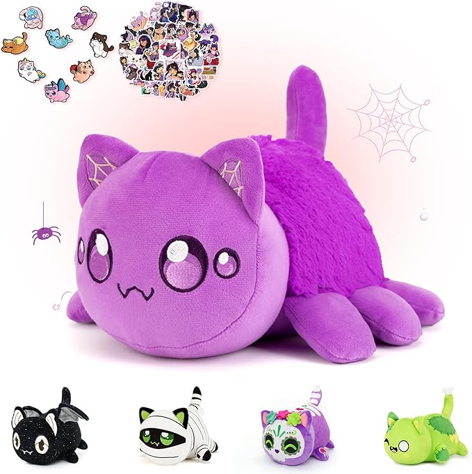 69-PCS 丨 11-inches Spider Cat Plush + 60-Sticker + 8-Pcs Shoe Charms - Ghost Cat Collection - 100% Embroidered Plushie - Cat Stuffed Animal Collectible (Spider Cat)