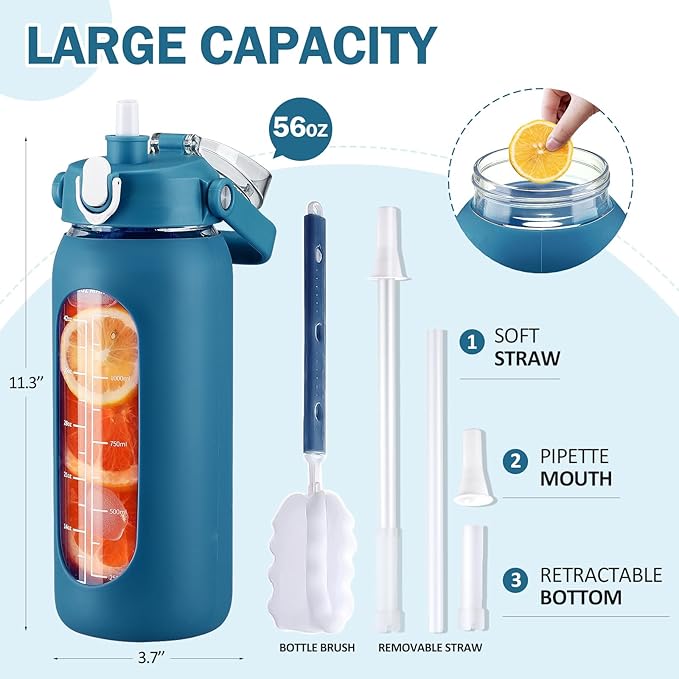 kytffu 56oz Glass Water Bottles with Straw, Motivational Glass Bottle with Silicone Sleeve and Time Marker, Leakproof Large Glass Water Jug for Gym Home Office,Iron Blue