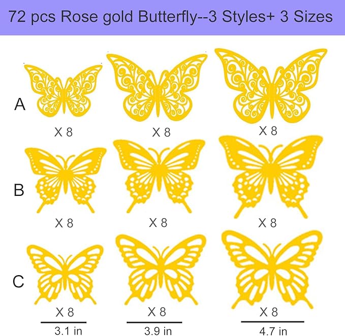 72Pcs 3D Butterfly Wall Decor 3 Sizes 3 Styles, Butterfly Decorations Party Birthday Cake Decoration, Removable Butterfly Wall Stickers for Kids Nursery Wedding Bedroom Room Decor(Rose Gold)