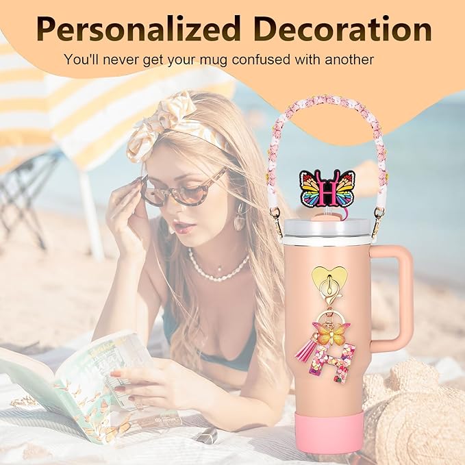 SPORCLO Stanley Cup Accessories Include Silicone Stanley Straw Cover, Butterfly Letter Keychain Charms, Water Bottle Handle Strap, Boot and Chain for Stanley Cup 30oz 40oz Tumbler