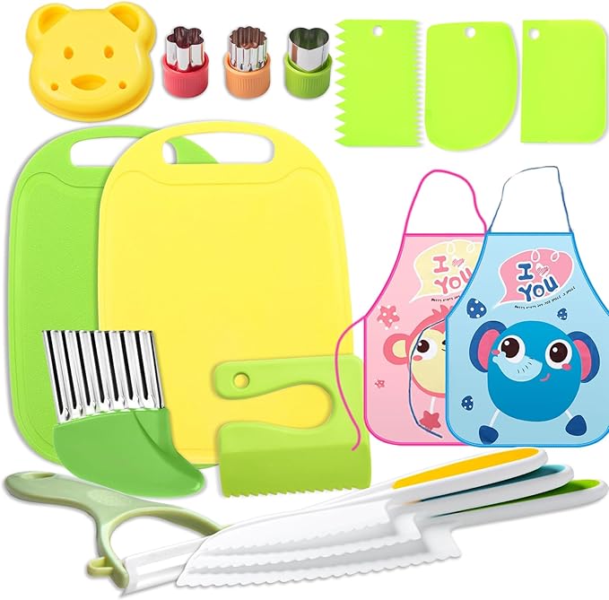 17Pcs Montessori Kitchen Toddler Knife Set Kids Knife Set for Real Cooking-Kids Kitchen Tools Set for Real Cooking for for 2/3/4/5/6/7/8/9/10/11/12 Year Old, for Toddler Birthday Gift