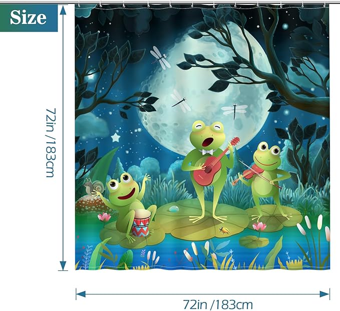 Aimego Funny Frog Shower Curtain - Cute Cartoon Frogs Dragonfly Lotus Leaf Floral Pond Wildflower Moon Fun Bath Shower Curtain Set with 12 Hooks for Kids Adults Bathroom Decor Accessories,72"x72"