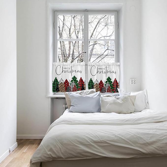 Merry Christmas Kitchen Curtains and Valances Set, Buffalo Plaid Xmas Tree Winter Forest Farmhouse Small Windows Treatments Tiers Short Curtains for Cafe /Living Room/ Bedroom 54x36 in Red Green