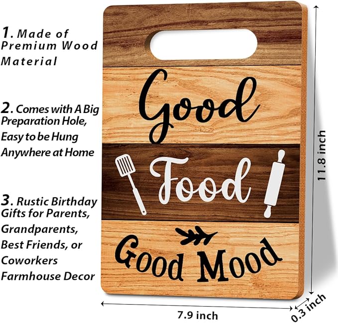 Good Food Good Mood Cutting Board Gifts, Wood Cutting Boards for Kitchen, House Warming Gifts New Home, Kitchen Wall Art, Christmas Birthday Gifts for Women Mom Grandma 8 x 12 Inch