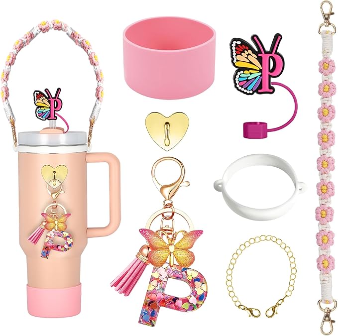 SPORCLO Stanley Cup Accessories Include Silicone Stanley Straw Cover, Butterfly Letter Keychain Charms, Water Bottle Handle Strap, Boot and Chain for Stanley Cup 30oz 40oz Tumbler