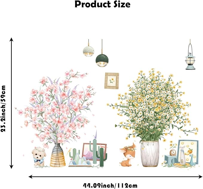 Pink Flowers Potted Plants Wall Decals 3D Simulation Green Plants Wall Stickers Removable Vinyl Peel and Stick for Living Room Bedroom Kitchen Playroom Sofa TV Background Art Decorations