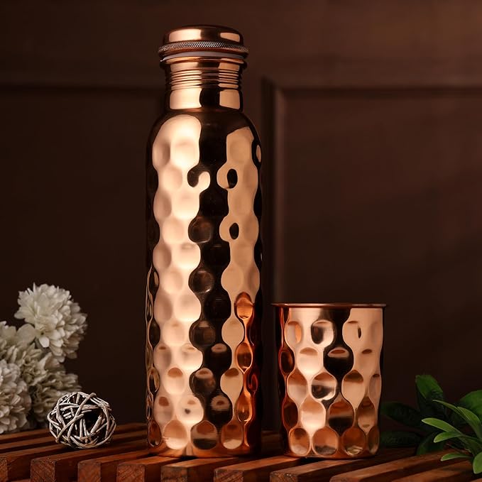 Copper Water Drinking Bottle Ayurvedic Health Benefits Diamond Pattern Water Bottle (1 Bottle and 1 Glass)
