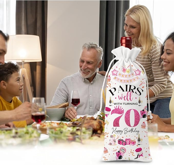 70th Birthday Gifts for Women Men Wine Bag, 70 Year Old Birthday Gifts for Woman Man, 70th Birthday Party Decorations Men for Women, Pairs Well with Turning 70 Wine Bags (White Pink)